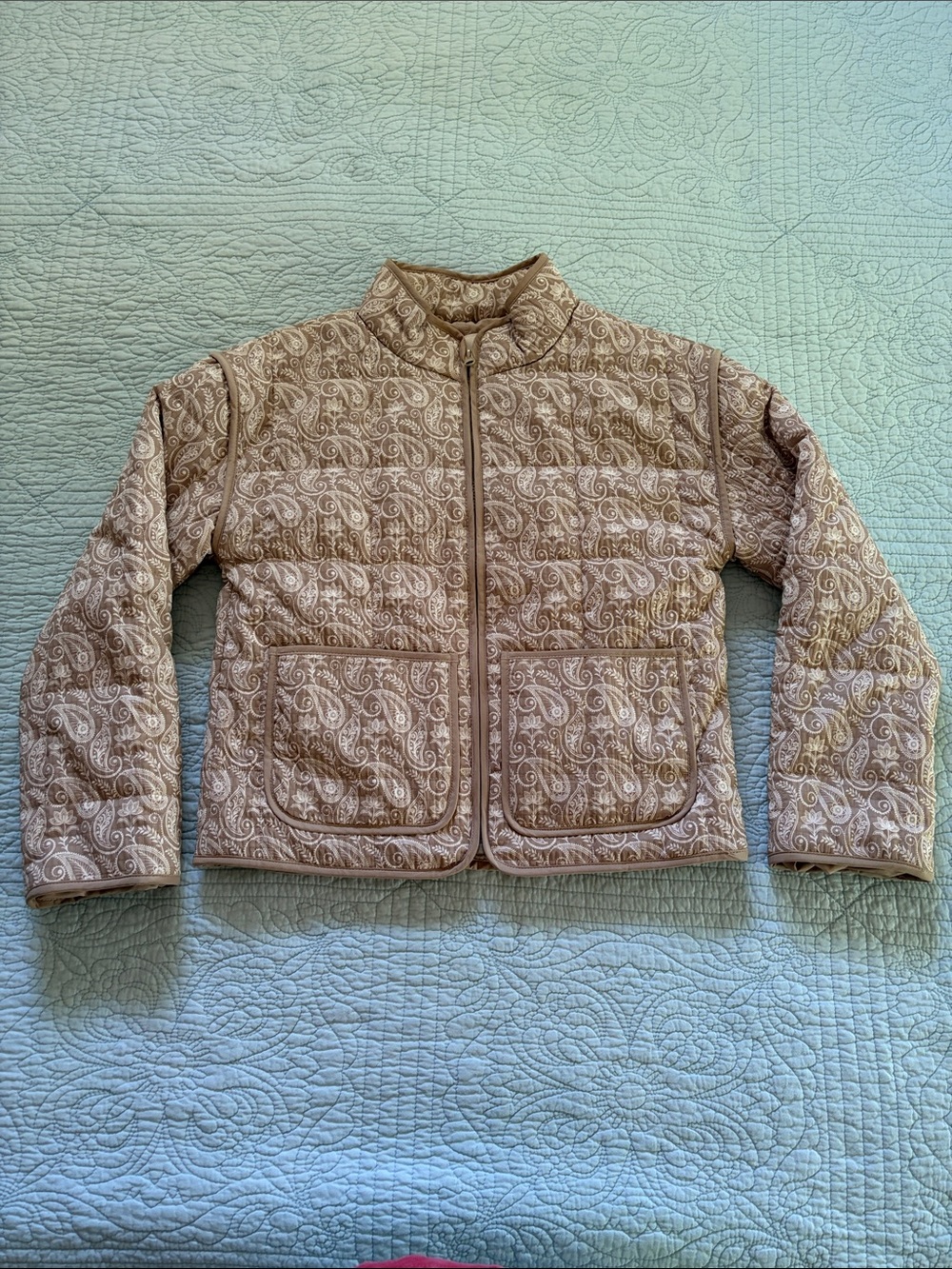Quilted Paisley Puffer Jacket in Taupe